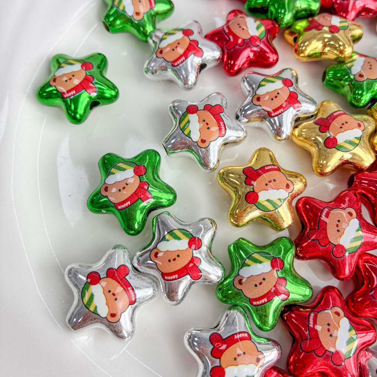 20mm Metallic Christmas Star Beads with Cute Bear Print, 3.8mm Large Hole Acrylic Loose Spacer Beads for DIY Beadable Pens, Keychains & Holiday Crafts