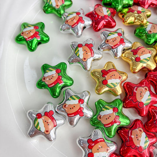 20mm Metallic Christmas Star Beads with Cute Bear Print, 3.8mm Large Hole Acrylic Loose Spacer Beads for DIY Beadable Pens, Keychains & Holiday Crafts