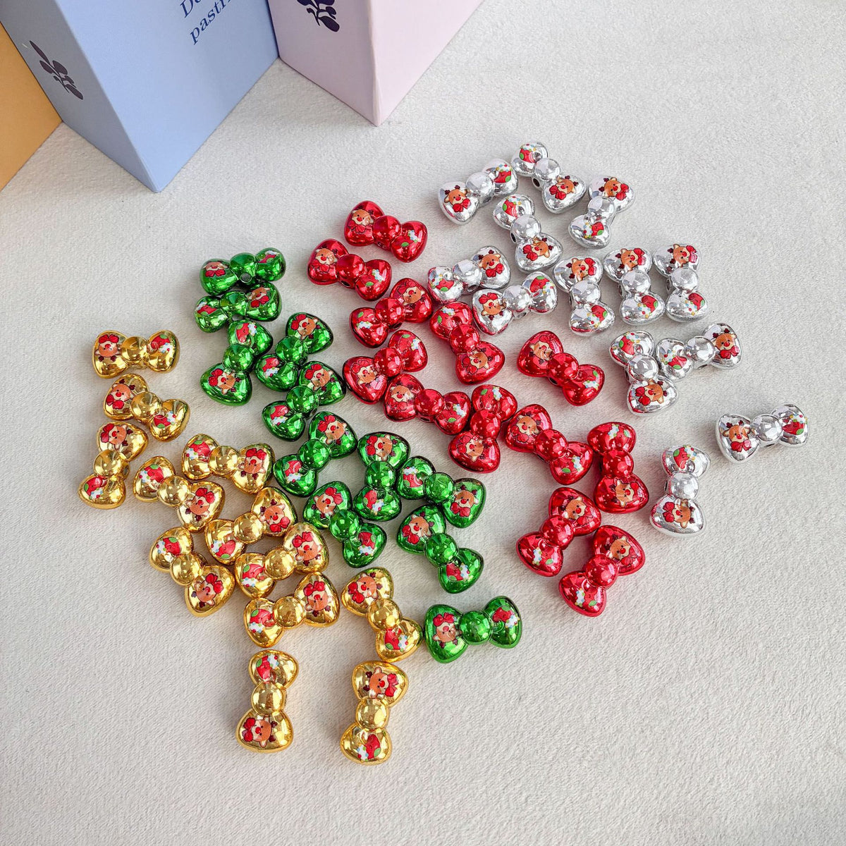 Christmas Metallic Bowknot Beads with Reindeer Print, Shiny Acrylic Bow Loose Spacer Beads for DIY Beadable Pens, Keychains & Holiday Jewelry Making