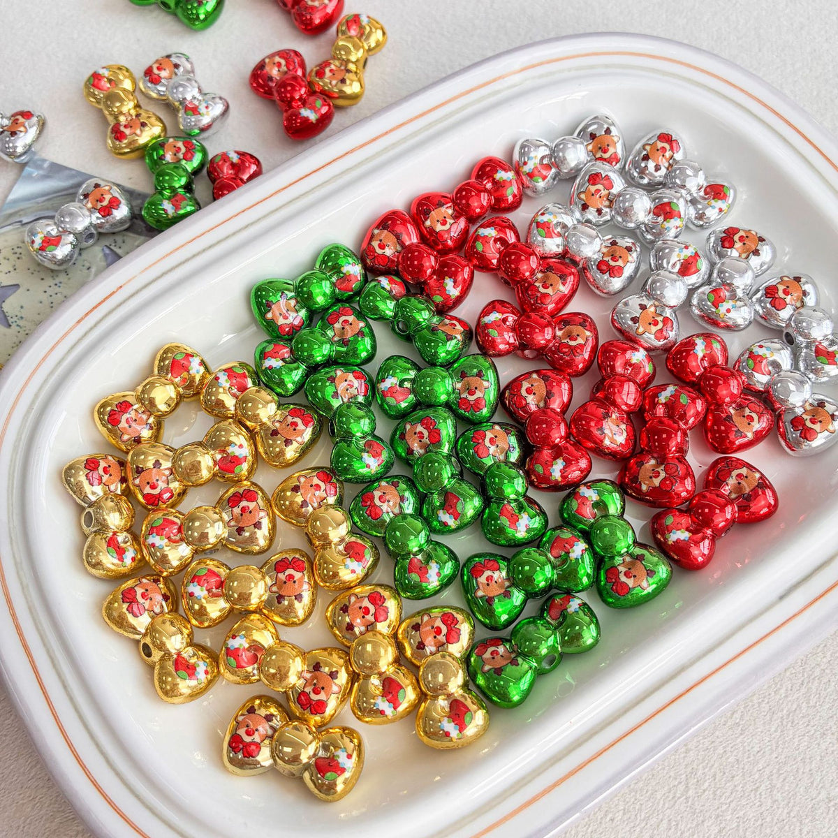 Christmas Metallic Bowknot Beads with Reindeer Print, Shiny Acrylic Bow Loose Spacer Beads for DIY Beadable Pens, Keychains & Holiday Jewelry Making