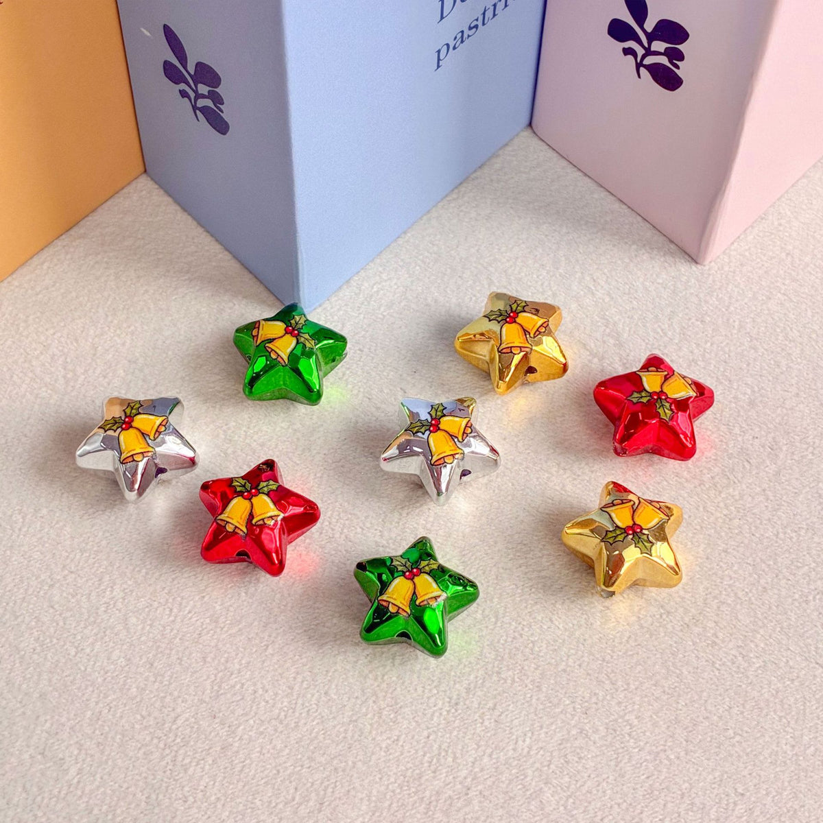 Christmas Metallic Star Beads with Jingle Bell Print, Shiny Acrylic Loose Spacer Beads for DIY Holiday Jewelry Making, Beaded Pens & Keychains   珠手工DIY手机链钥匙扣包挂配件
