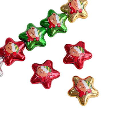 20mm Metallic Christmas Star Beads with Cute Bear Print, 3.8mm Large Hole Acrylic Loose Spacer Beads for DIY Beadable Pens, Keychains & Holiday Crafts