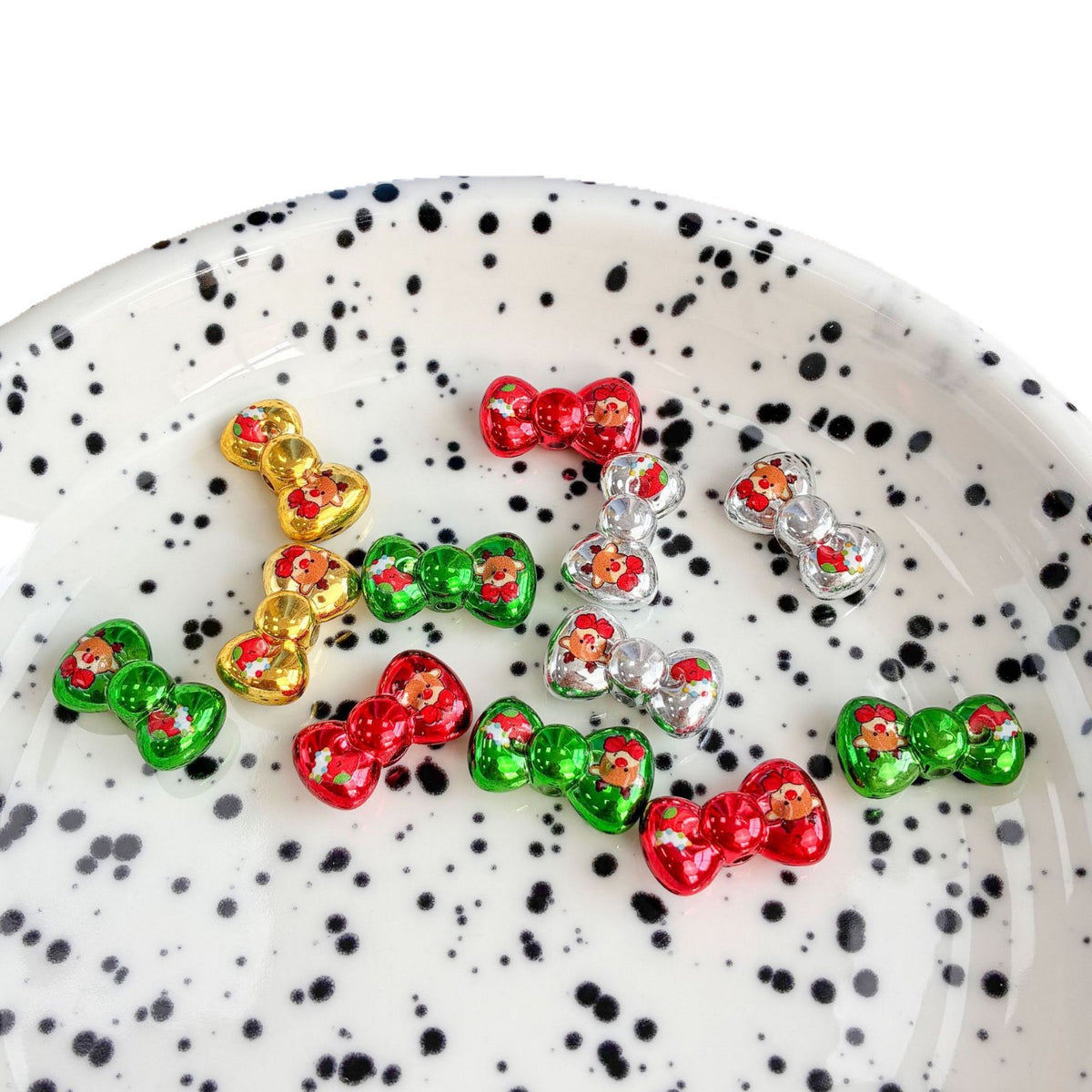 Christmas Metallic Bowknot Beads with Reindeer Print, Shiny Acrylic Bow Loose Spacer Beads for DIY Beadable Pens, Keychains & Holiday Jewelry Making