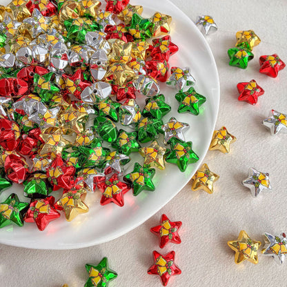 Christmas Metallic Star Beads with Jingle Bell Print, Shiny Acrylic Loose Spacer Beads for DIY Holiday Jewelry Making, Beaded Pens & Keychains   珠手工DIY手机链钥匙扣包挂配件
