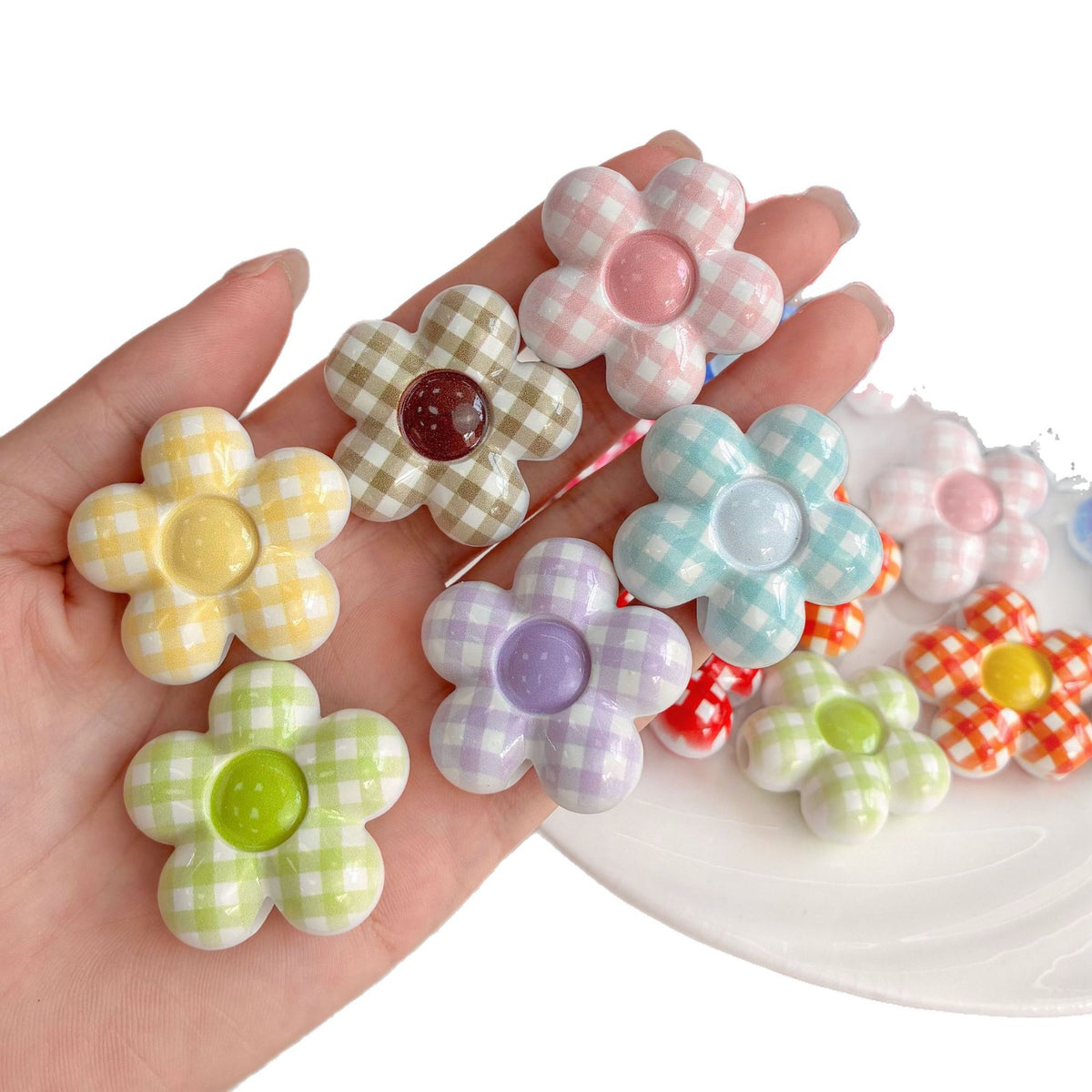 32mm Plaid Flower Focal Beads, 5.4mm Large Hole Gingham Daisy Acrylic Beads for DIY Beadable Pens, Cutlery & Keychains