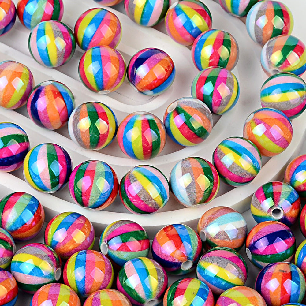 Rainbow Striped Acrylic Round Beads, Iridescent Glossy Candy Stripe Spacer Beads for Beadable Pens, DIY Bracelets, Keychains & Craft Making