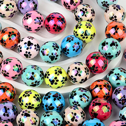 Colorful Pet Paw Print Acrylic Beads, Glossy Iridescent Round Spacer Beads for DIY Jewelry Making, Dog Cat Lover Bracelet, Keychain & Pen Crafts