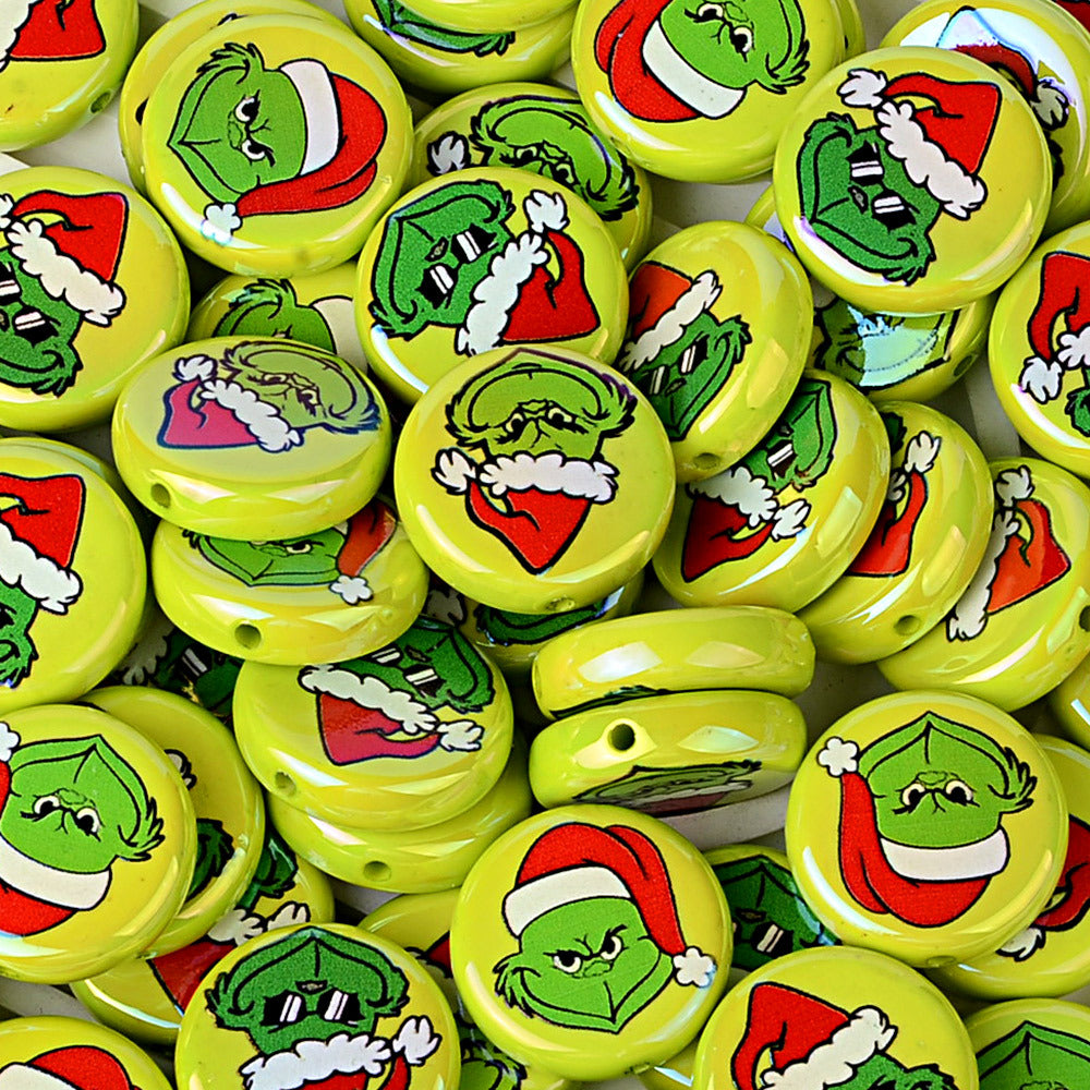24mm Holiday Mean Green Monster Flat Round Coin Beads, Christmas Mischief Acrylic Focal Beads for Beadable Pens, Keychains & DIY Holiday Crafts
