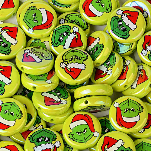 24mm Holiday Mean Green Monster Flat Round Coin Beads, Christmas Mischief Acrylic Focal Beads for Beadable Pens, Keychains & DIY Holiday Crafts