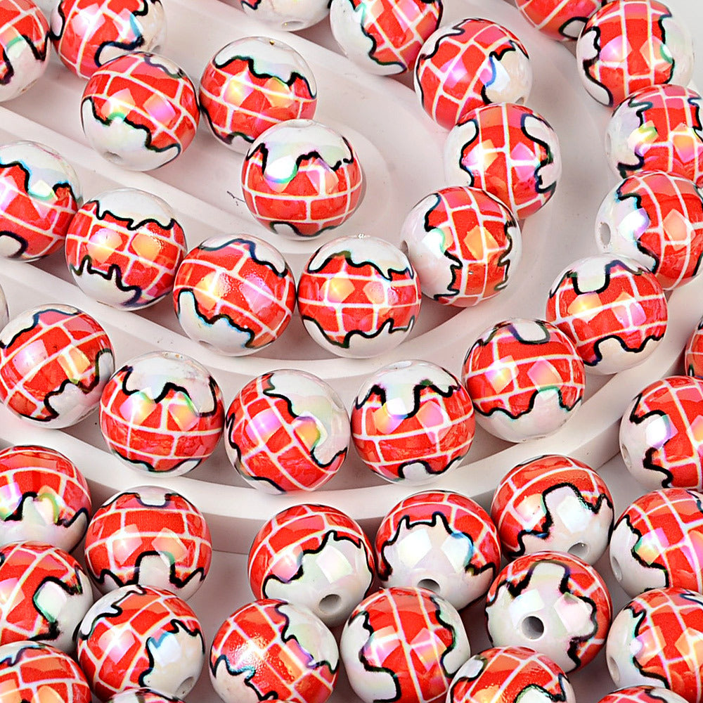 Christmas Snowy Chimney Brick Print Acrylic Beads, Glossy Iridescent Round Spacer Beads for Holiday Jewelry Making, Beadable Pens & DIY Crafts