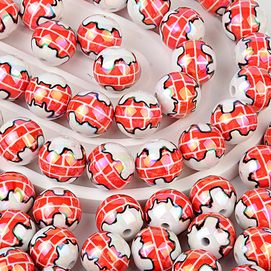 Christmas Snowy Chimney Brick Print Acrylic Beads, Glossy Iridescent Round Spacer Beads for Holiday Jewelry Making, Beadable Pens & DIY Crafts