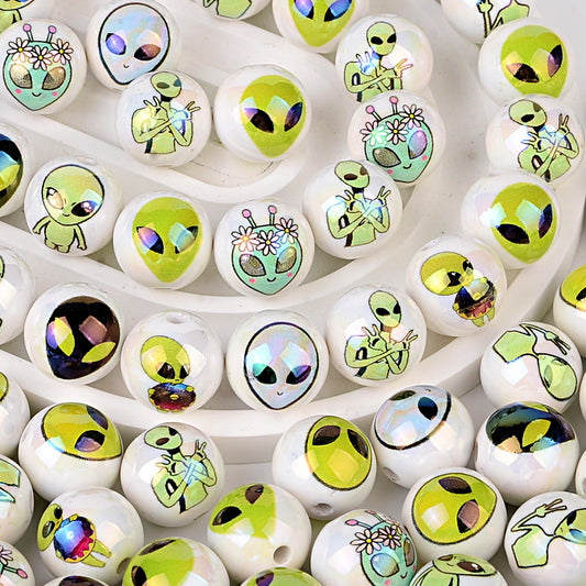 Cute Alien Printed Round Acrylic Beads, Glossy Pearlescent Spacer Beads for Beadable Pens, Y2K Jewelry Making, DIY Bracelets & Keychains