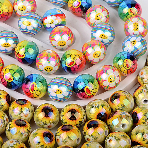 Colorful Smile Face & Sunflower Print Acrylic Beads, Glossy Finish Round Spacer Beads for DIY Jewelry Making, Beads for Bracelets, Necklaces & Crafts
