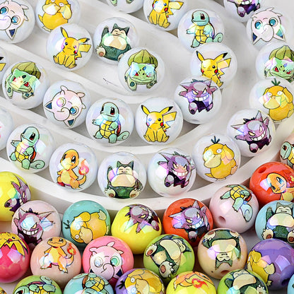 Cute Anime Pocket Monster Printed Round Acrylic Beads, Glossy Cartoon Spacer Beads for DIY Bracelet, Necklace, Phone Charms & Jewelry Making