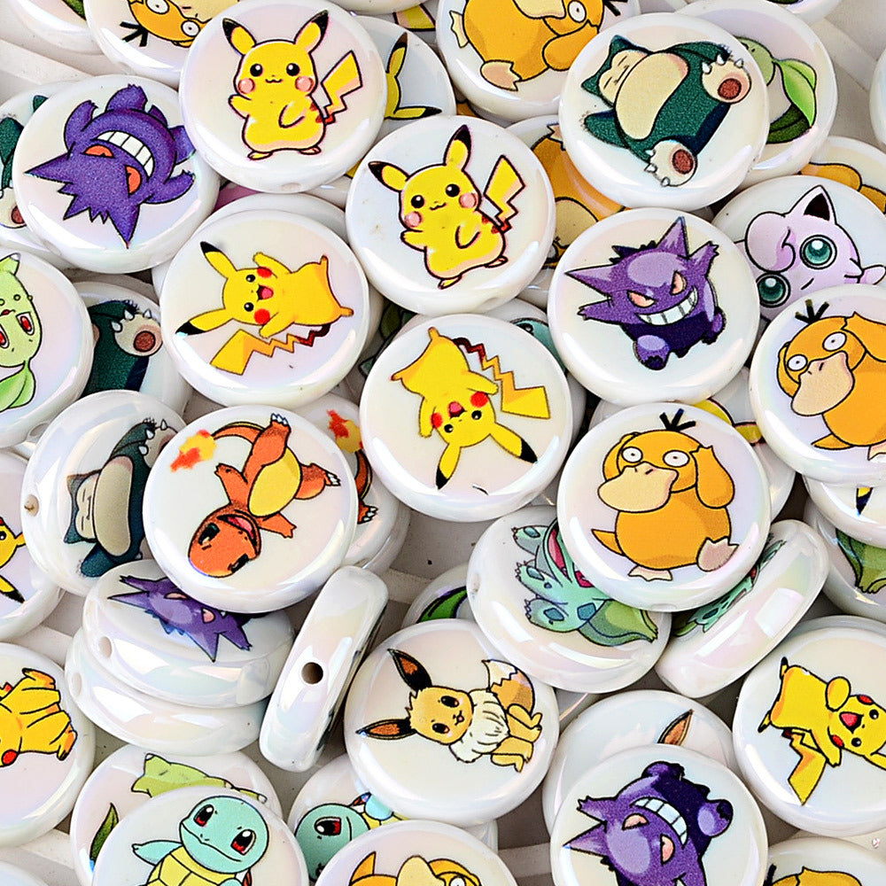 Anime Pocket Monsters Printed Flat Round Coin Beads, Cute Cartoon Charms Spacer Beads for DIY Beadable Pens, Keychains & Craft Making