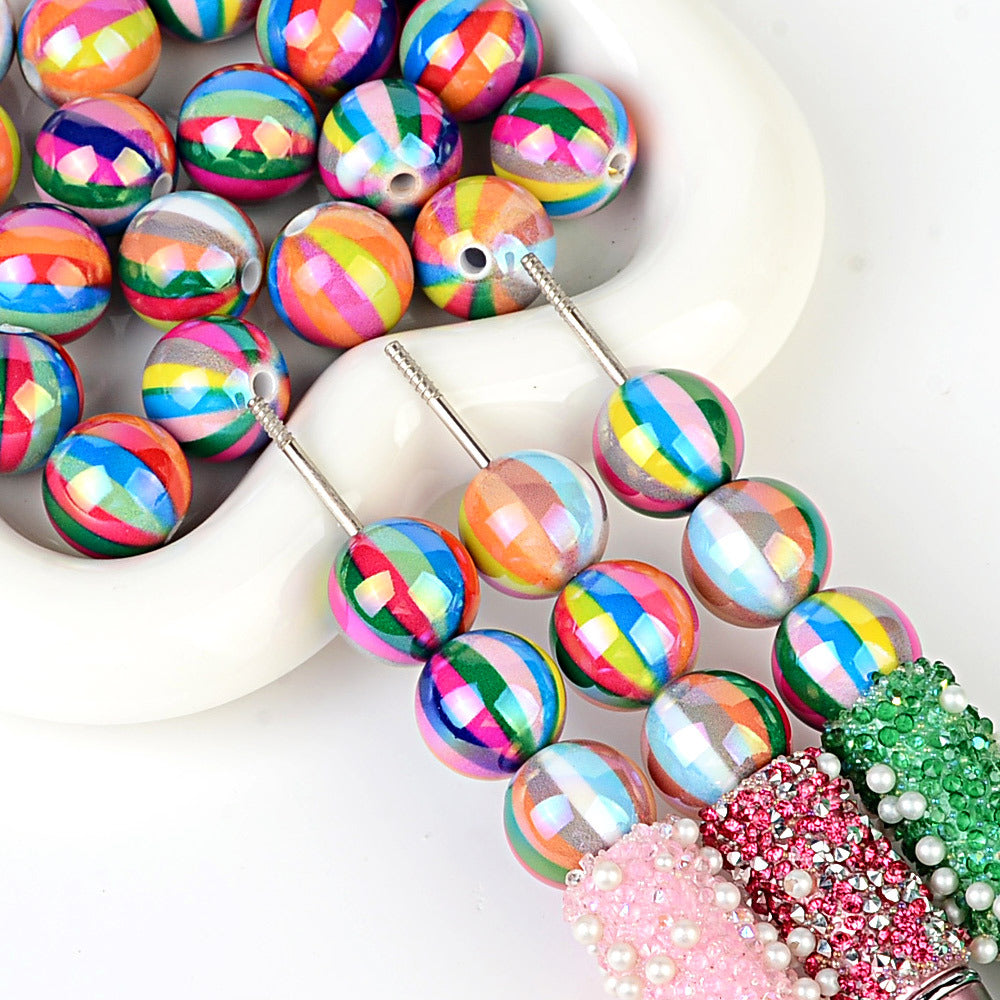 Rainbow Striped Acrylic Round Beads, Iridescent Glossy Candy Stripe Spacer Beads for Beadable Pens, DIY Bracelets, Keychains & Craft Making