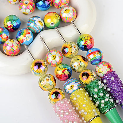 Colorful Smile Face & Sunflower Print Acrylic Beads, Glossy Finish Round Spacer Beads for DIY Jewelry Making, Beads for Bracelets, Necklaces & Crafts