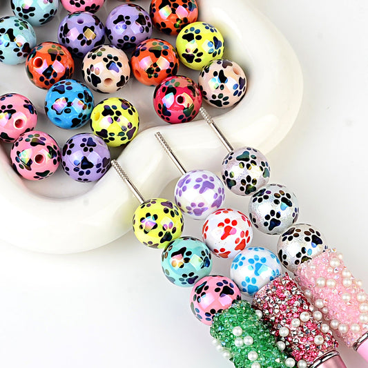 Colorful Pet Paw Print Acrylic Beads, Glossy Iridescent Round Spacer Beads for DIY Jewelry Making, Dog Cat Lover Bracelet, Keychain & Pen Crafts