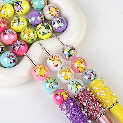 Cute Anime Pocket Monster Printed Round Acrylic Beads, Glossy Cartoon Spacer Beads for DIY Bracelet, Necklace, Phone Charms & Jewelry Making