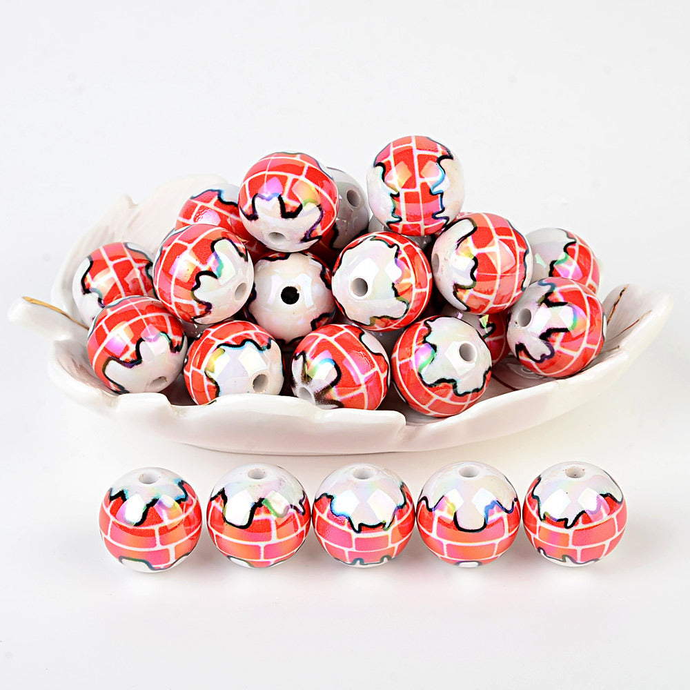 Christmas Snowy Chimney Brick Print Acrylic Beads, Glossy Iridescent Round Spacer Beads for Holiday Jewelry Making, Beadable Pens & DIY Crafts