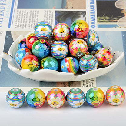 Colorful Smile Face & Sunflower Print Acrylic Beads, Glossy Finish Round Spacer Beads for DIY Jewelry Making, Beads for Bracelets, Necklaces & Crafts
