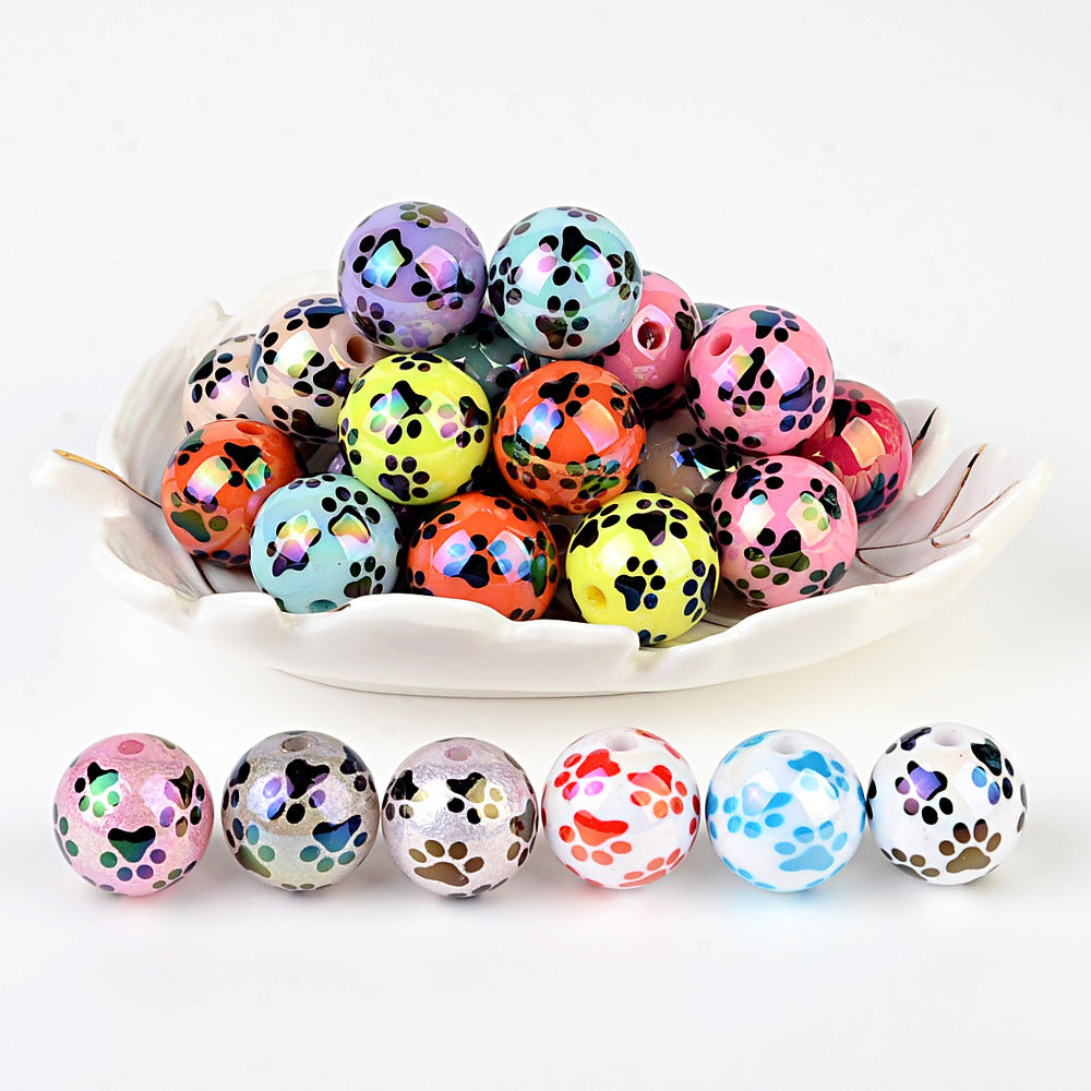 Colorful Pet Paw Print Acrylic Beads, Glossy Iridescent Round Spacer Beads for DIY Jewelry Making, Dog Cat Lover Bracelet, Keychain & Pen Crafts