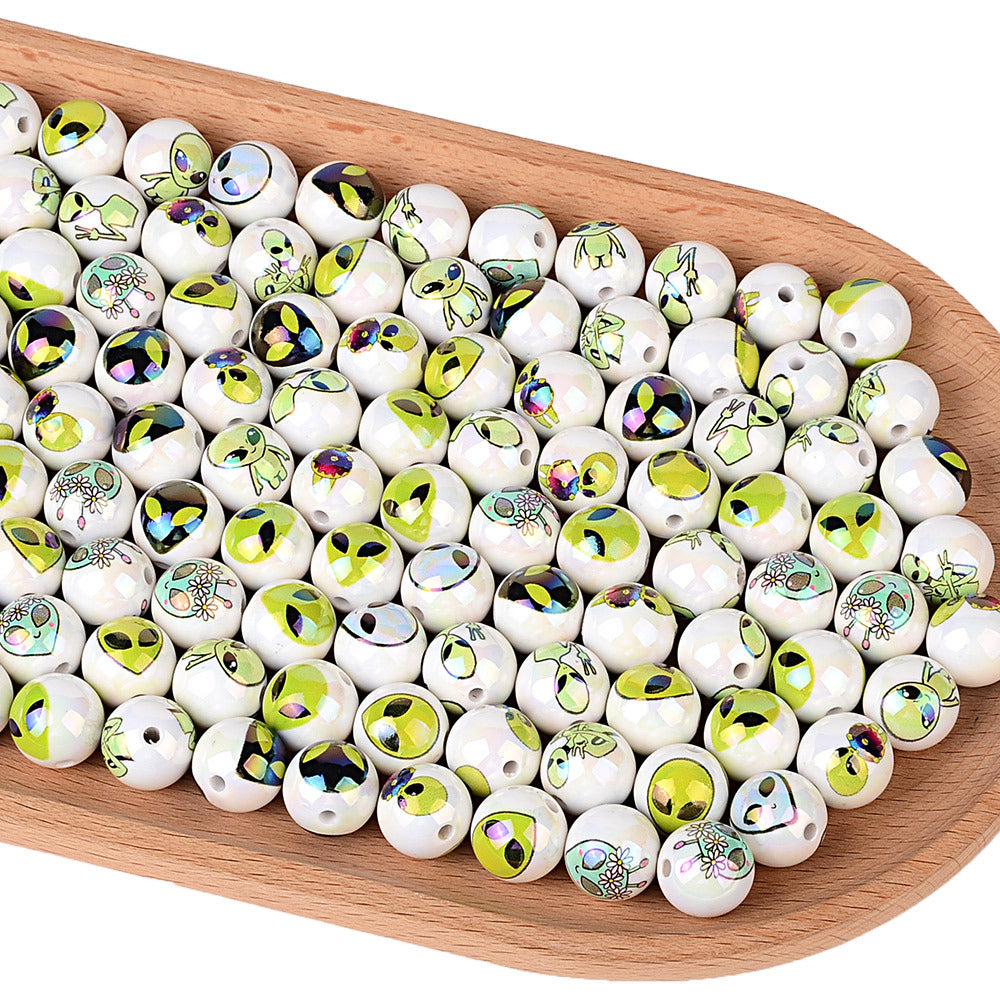 Cute Alien Printed Round Acrylic Beads, Glossy Pearlescent Spacer Beads for Beadable Pens, Y2K Jewelry Making, DIY Bracelets & Keychains