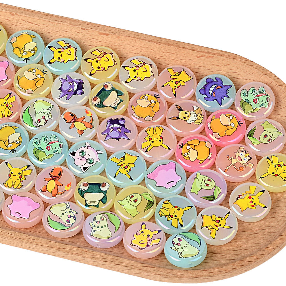 Anime Pocket Monsters Printed Flat Round Coin Beads, Cute Cartoon Charms Spacer Beads for DIY Beadable Pens, Keychains & Craft Making