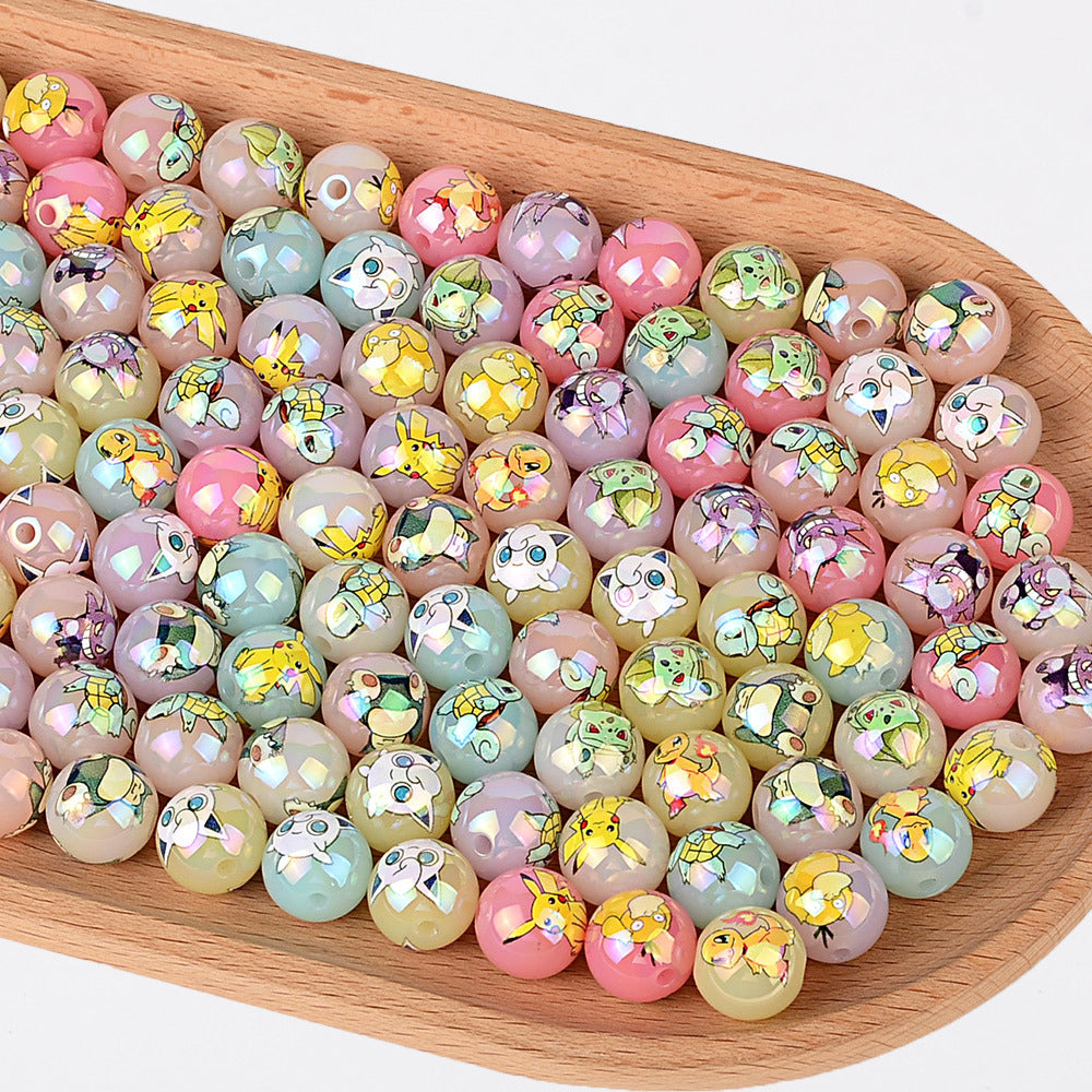 Cute Anime Pocket Monster Printed Round Acrylic Beads, Glossy Cartoon Spacer Beads for DIY Bracelet, Necklace, Phone Charms & Jewelry Making