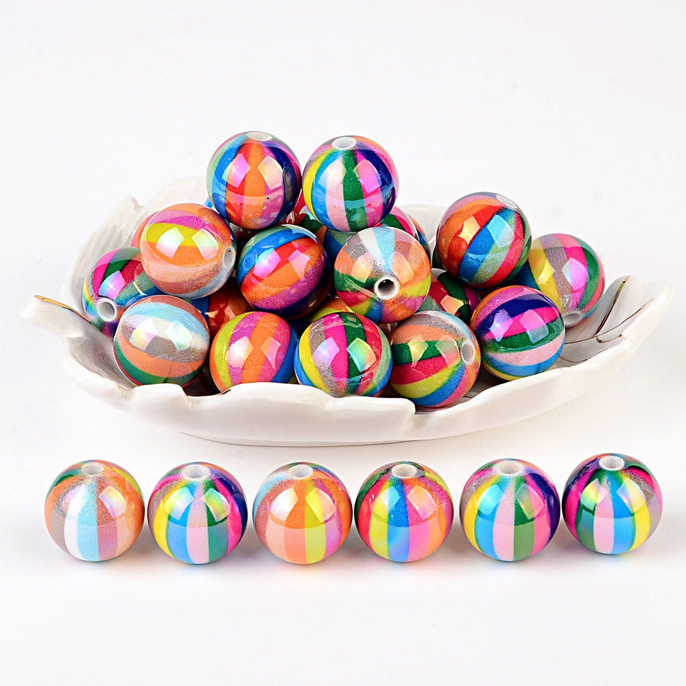 Rainbow Striped Acrylic Round Beads, Iridescent Glossy Candy Stripe Spacer Beads for Beadable Pens, DIY Bracelets, Keychains & Craft Making
