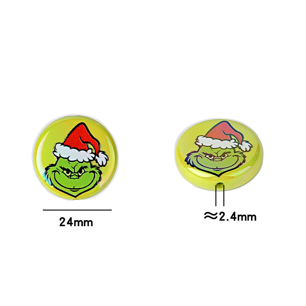 24mm Holiday Mean Green Monster Flat Round Coin Beads, Christmas Mischief Acrylic Focal Beads for Beadable Pens, Keychains & DIY Holiday Crafts