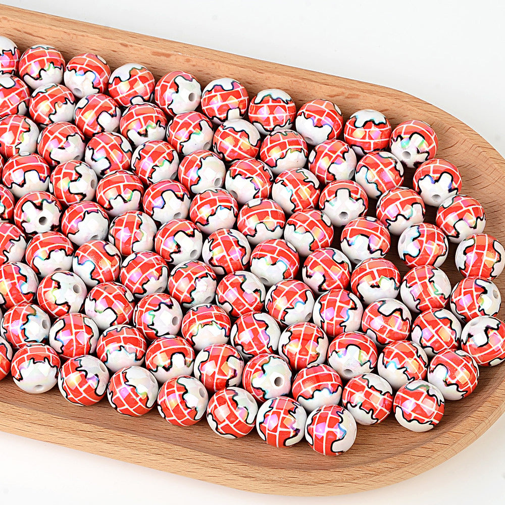 Christmas Snowy Chimney Brick Print Acrylic Beads, Glossy Iridescent Round Spacer Beads for Holiday Jewelry Making, Beadable Pens & DIY Crafts