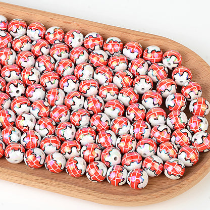 Christmas Snowy Chimney Brick Print Acrylic Beads, Glossy Iridescent Round Spacer Beads for Holiday Jewelry Making, Beadable Pens & DIY Crafts