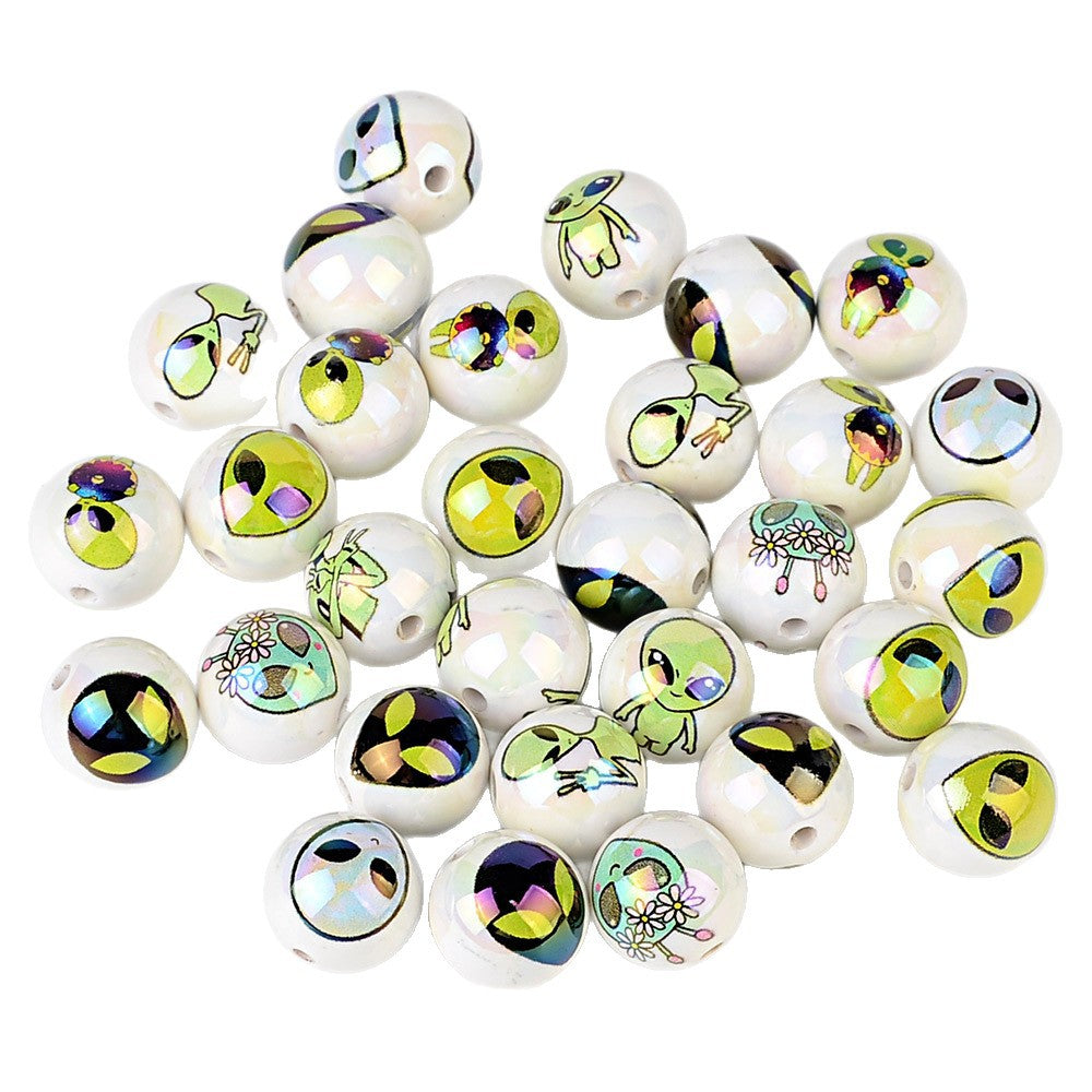 Cute Alien Printed Round Acrylic Beads, Glossy Pearlescent Spacer Beads for Beadable Pens, Y2K Jewelry Making, DIY Bracelets & Keychains