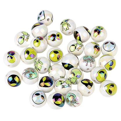Cute Alien Printed Round Acrylic Beads, Glossy Pearlescent Spacer Beads for Beadable Pens, Y2K Jewelry Making, DIY Bracelets & Keychains