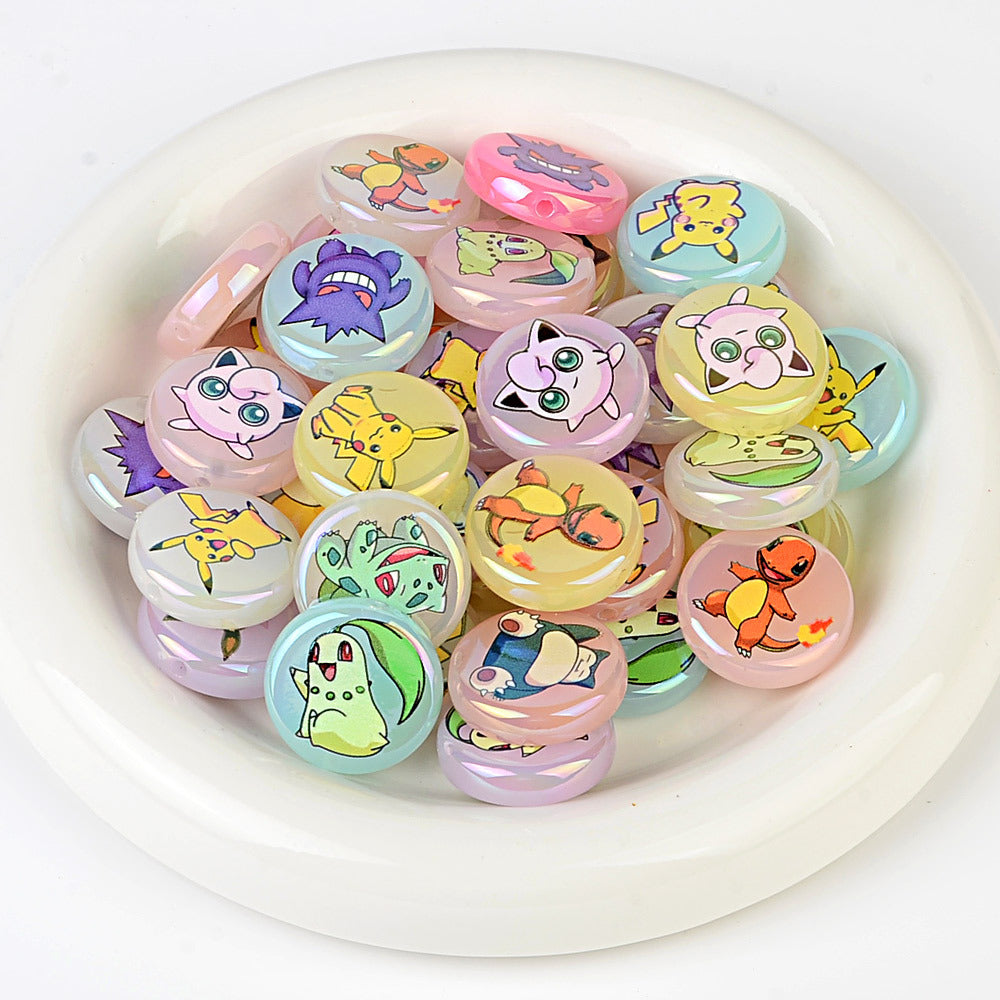 Anime Pocket Monsters Printed Flat Round Coin Beads, Cute Cartoon Charms Spacer Beads for DIY Beadable Pens, Keychains & Craft Making