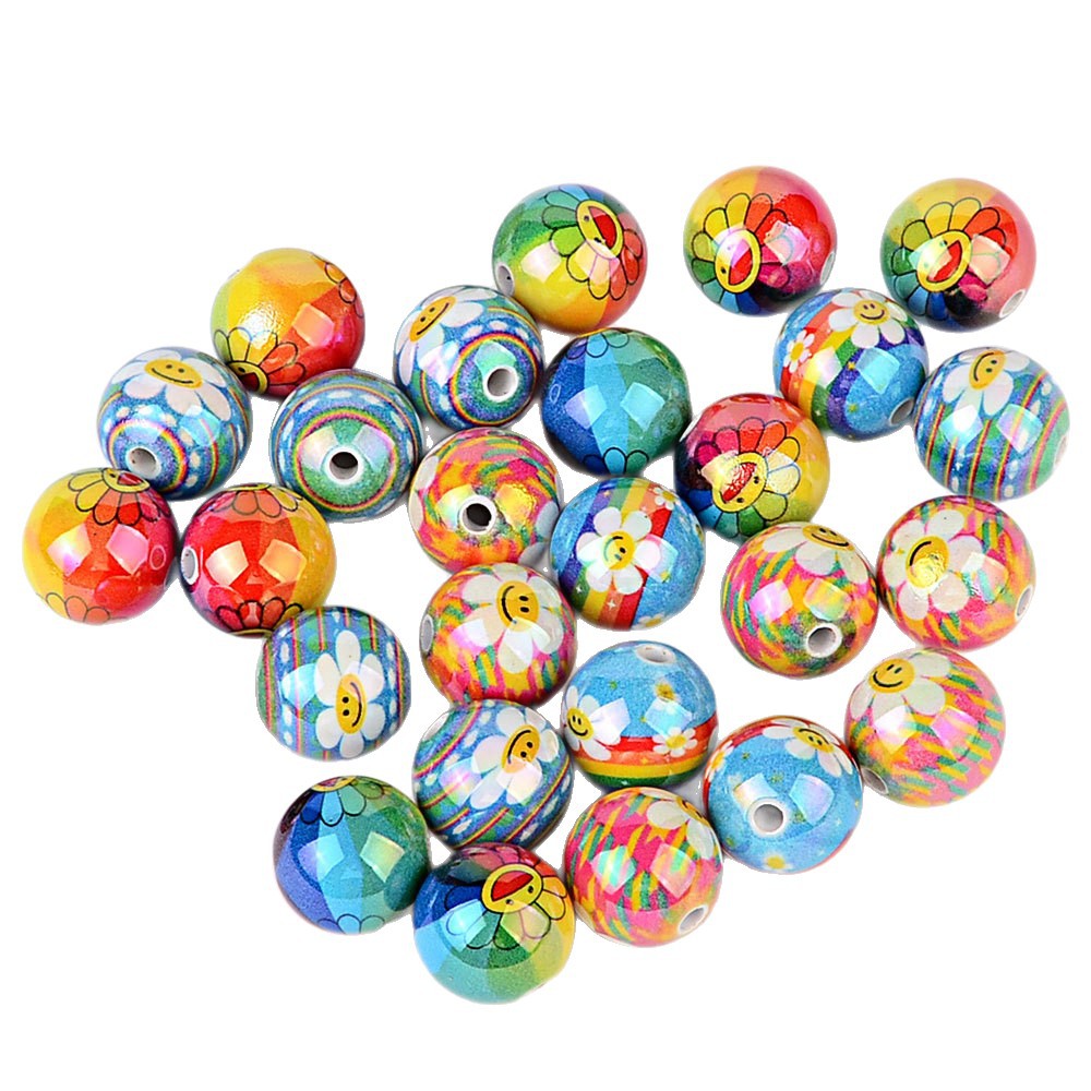 Colorful Smile Face & Sunflower Print Acrylic Beads, Glossy Finish Round Spacer Beads for DIY Jewelry Making, Beads for Bracelets, Necklaces & Crafts