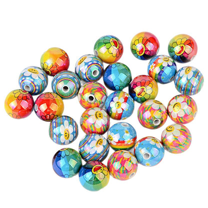 Colorful Smile Face & Sunflower Print Acrylic Beads, Glossy Finish Round Spacer Beads for DIY Jewelry Making, Beads for Bracelets, Necklaces & Crafts