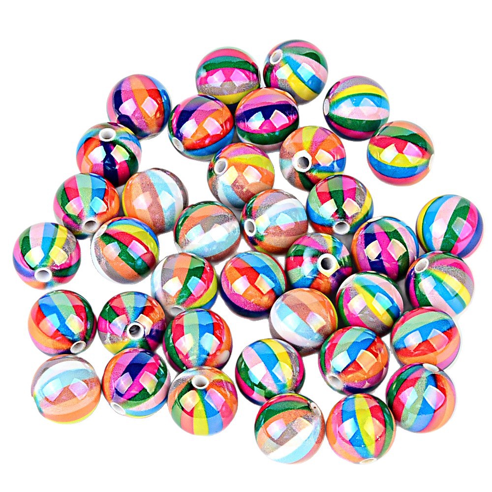 Rainbow Striped Acrylic Round Beads, Iridescent Glossy Candy Stripe Spacer Beads for Beadable Pens, DIY Bracelets, Keychains & Craft Making