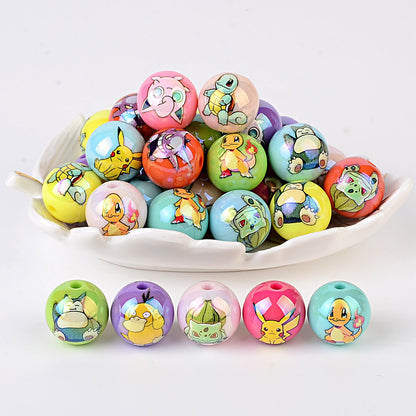 Cute Anime Pocket Monster Printed Round Acrylic Beads, Glossy Cartoon Spacer Beads for DIY Bracelet, Necklace, Phone Charms & Jewelry Making