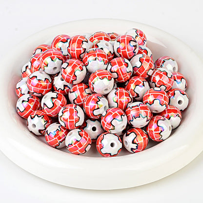 Christmas Snowy Chimney Brick Print Acrylic Beads, Glossy Iridescent Round Spacer Beads for Holiday Jewelry Making, Beadable Pens & DIY Crafts