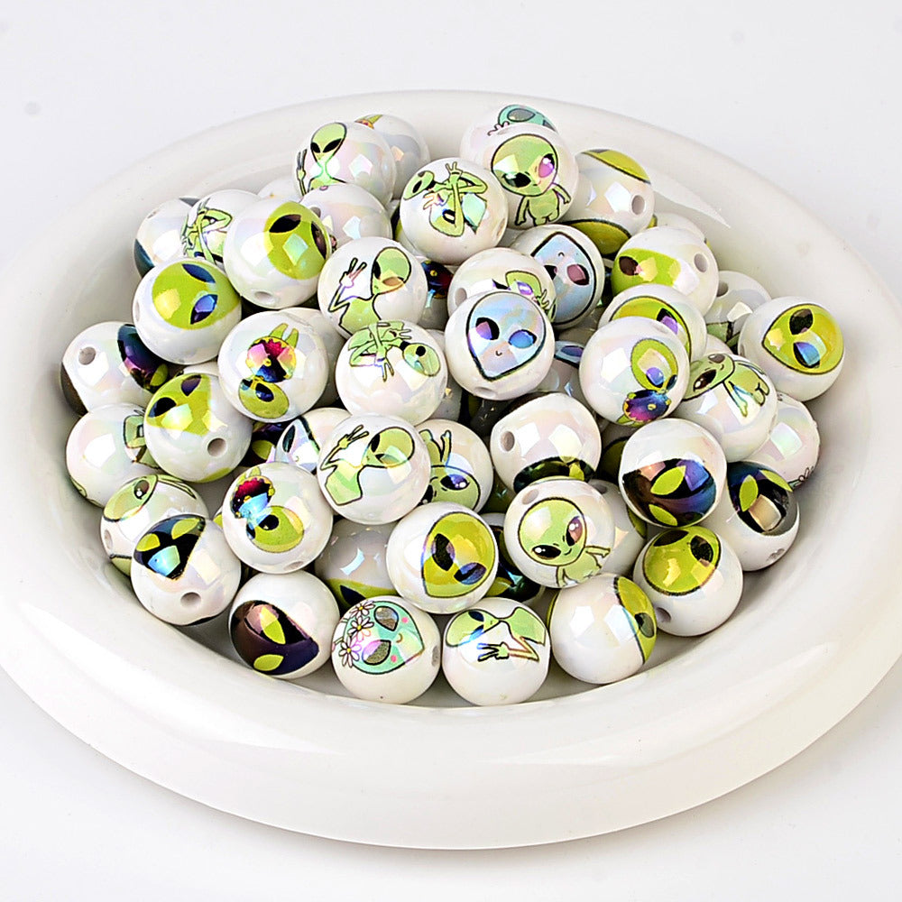 Cute Alien Printed Round Acrylic Beads, Glossy Pearlescent Spacer Beads for Beadable Pens, Y2K Jewelry Making, DIY Bracelets & Keychains