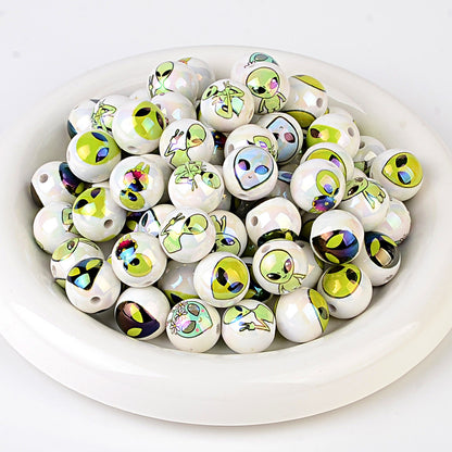 Cute Alien Printed Round Acrylic Beads, Glossy Pearlescent Spacer Beads for Beadable Pens, Y2K Jewelry Making, DIY Bracelets & Keychains