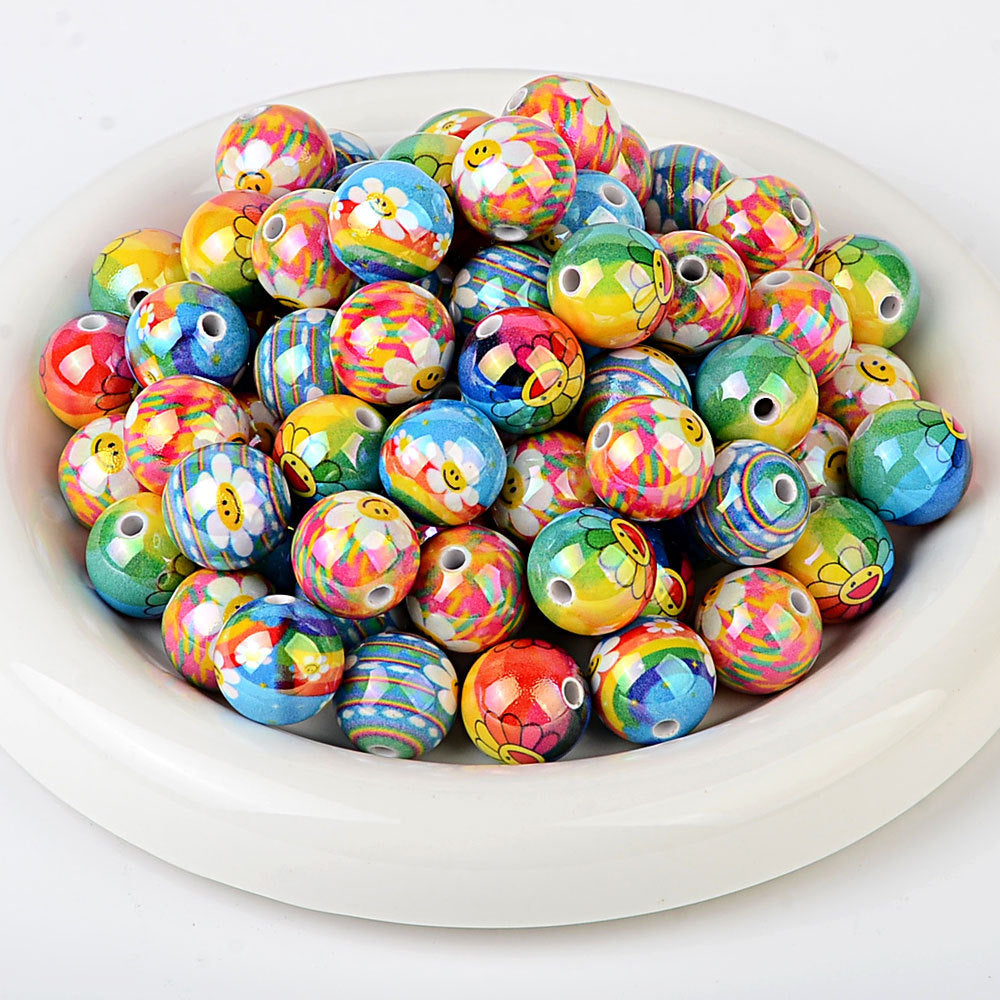 Colorful Smile Face & Sunflower Print Acrylic Beads, Glossy Finish Round Spacer Beads for DIY Jewelry Making, Beads for Bracelets, Necklaces & Crafts