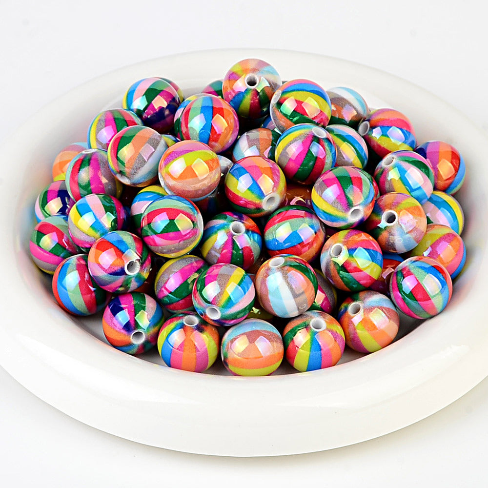 Rainbow Striped Acrylic Round Beads, Iridescent Glossy Candy Stripe Spacer Beads for Beadable Pens, DIY Bracelets, Keychains & Craft Making