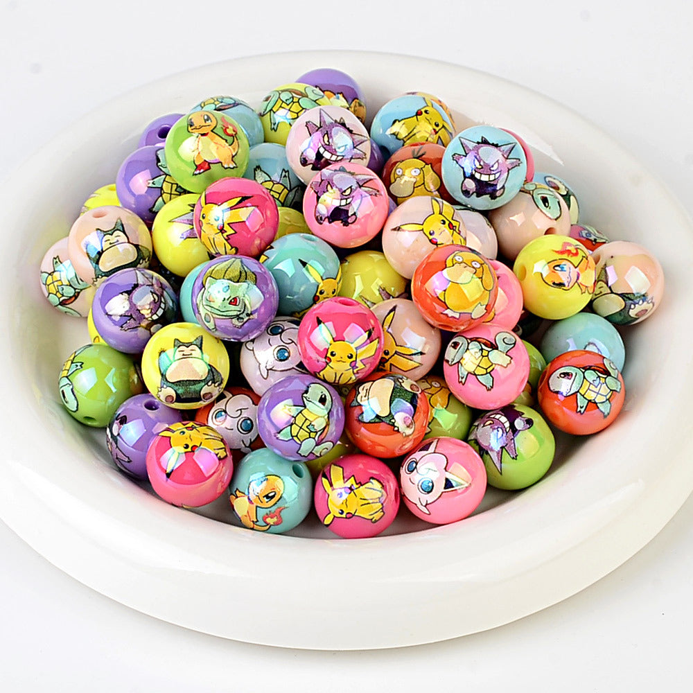 Cute Anime Pocket Monster Printed Round Acrylic Beads, Glossy Cartoon Spacer Beads for DIY Bracelet, Necklace, Phone Charms & Jewelry Making