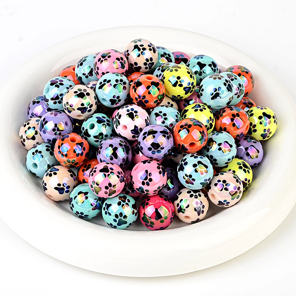Colorful Pet Paw Print Acrylic Beads, Glossy Iridescent Round Spacer Beads for DIY Jewelry Making, Dog Cat Lover Bracelet, Keychain & Pen Crafts
