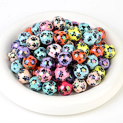 Colorful Pet Paw Print Acrylic Beads, Glossy Iridescent Round Spacer Beads for DIY Jewelry Making, Dog Cat Lover Bracelet, Keychain & Pen Crafts