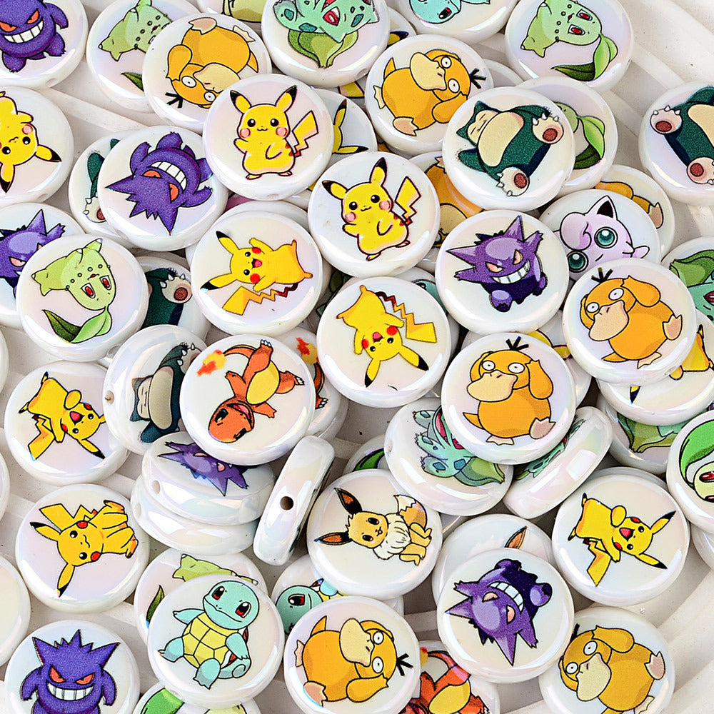 Anime Pocket Monsters Printed Flat Round Coin Beads, Cute Cartoon Charms Spacer Beads for DIY Beadable Pens, Keychains & Craft Making