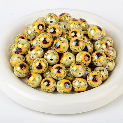 Colorful Smile Face & Sunflower Print Acrylic Beads, Glossy Finish Round Spacer Beads for DIY Jewelry Making, Beads for Bracelets, Necklaces & Crafts